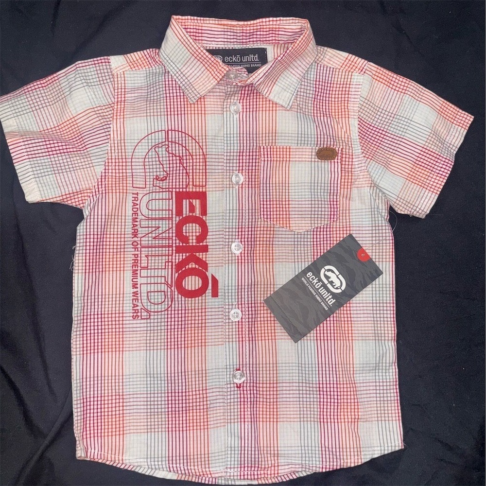 Ecko Unltd Button-Up Shirt Toddler Boys Size 2T Multicolor Plaid Short‎ Y2K NOS